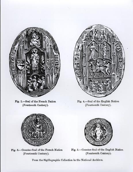 1300-talets sigill av de franska och engelska nationerna, illustration från "Science and Literature of the Middle Ages and the Renaissance", skriven och graverad av Paul Lacroix av English School