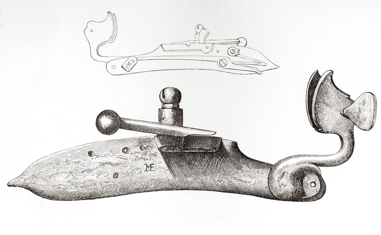 Tändstickslås från 1600-talet. Mekanism eller lås som används för att avfyra ett handhållet skjutvapen, från The British Army: Its Origins, Progress and Equipment, publicerad 1868. av English School