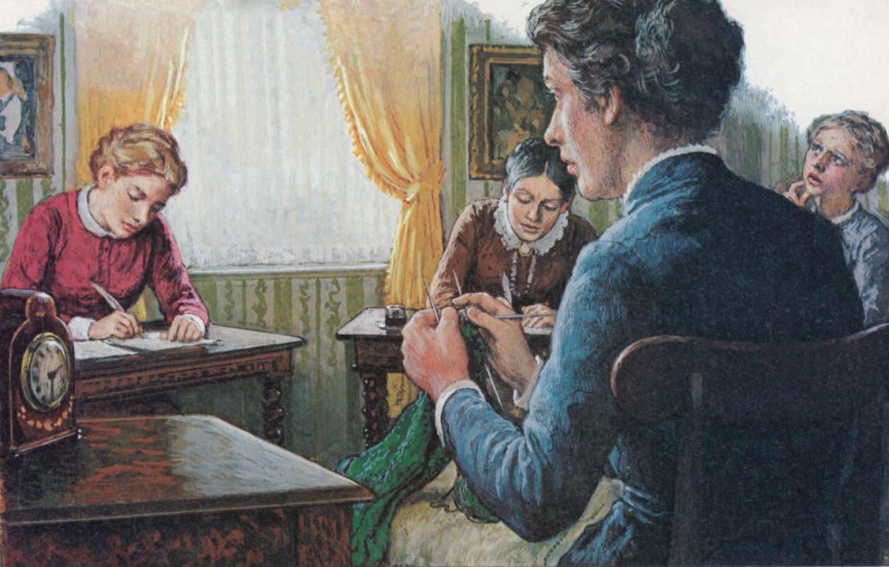 1873, tre studenter från det nyetablerade Girton College avlägger sina slutprov (färglitografi) av English School