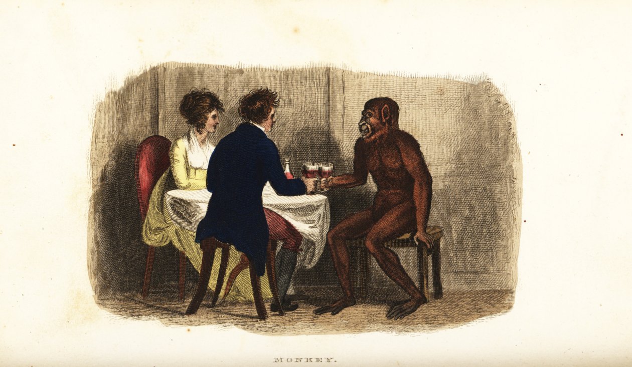 Holländskt par från 1700-talet som dricker vin med en borneansk orangutang vid matbordet av English School