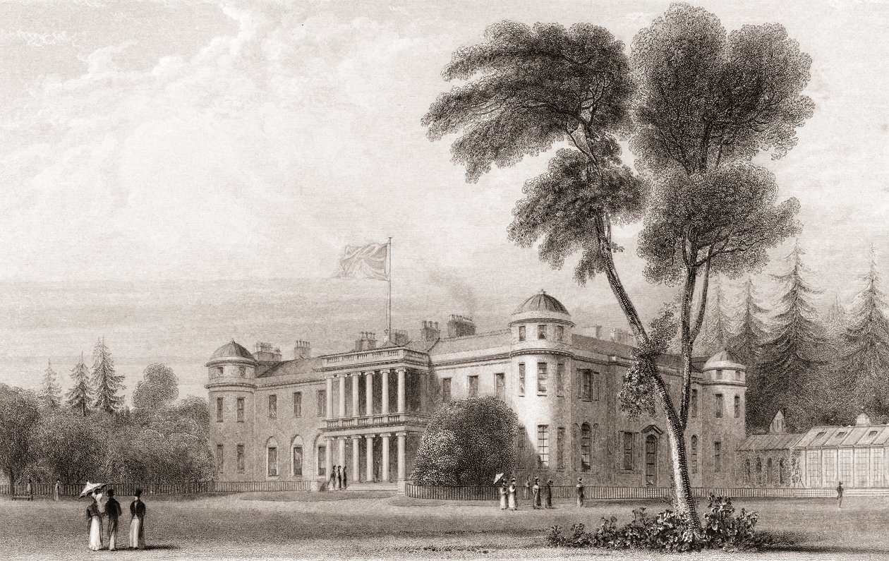 1800-talsvy av Goodwood House, West Sussex, södra England. Från Churton