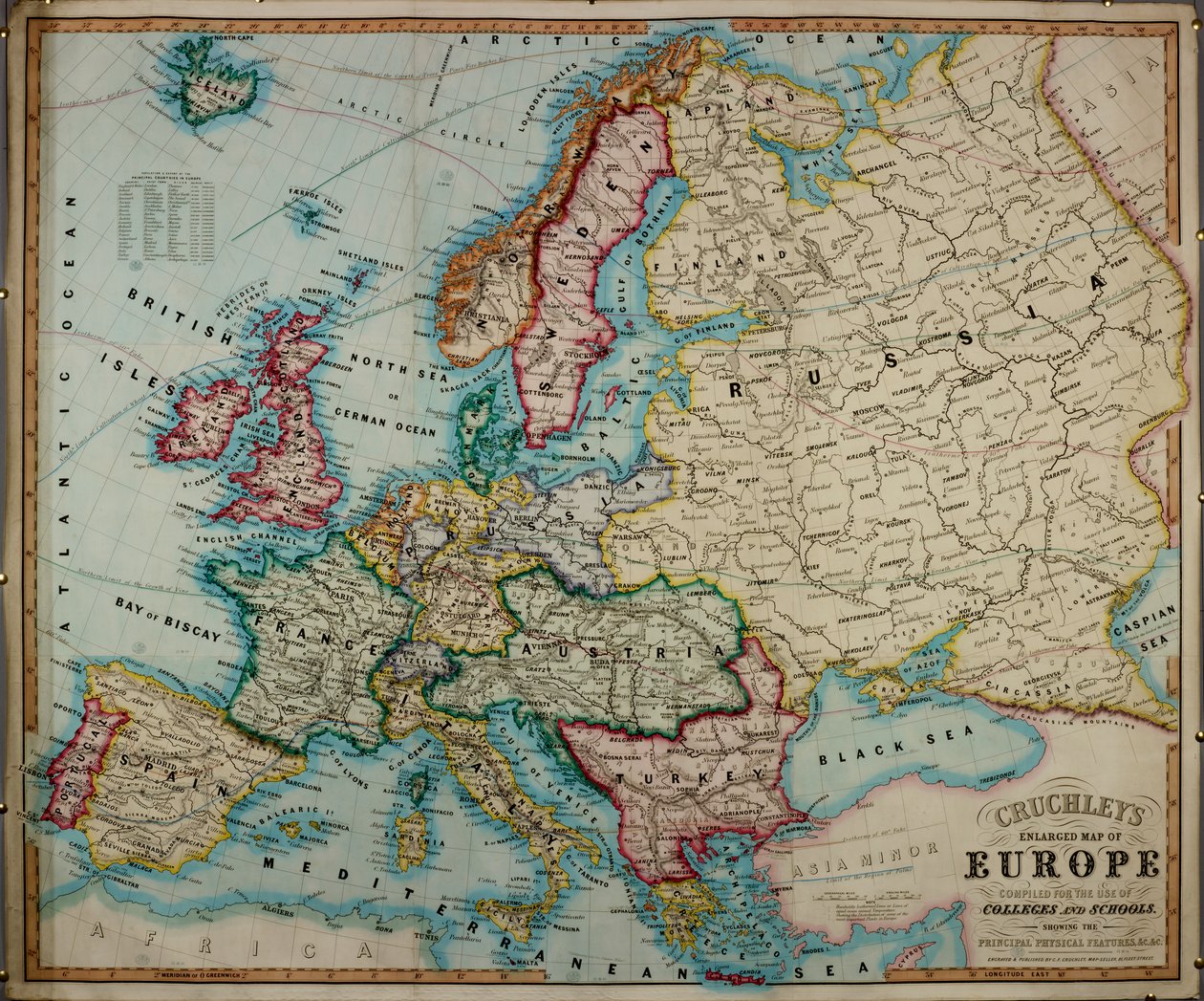 En färgad karta över Europa från 1800-talet, sammanställd för användning i högskolor och skolor. av English School