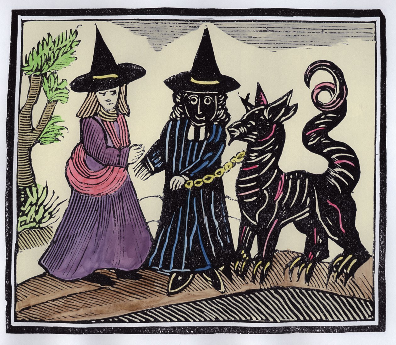 En svart och en vit häxa med ett djävulsdjur, illustration från en samling kapböcker om esoterica (senare färgläggning) av English School
