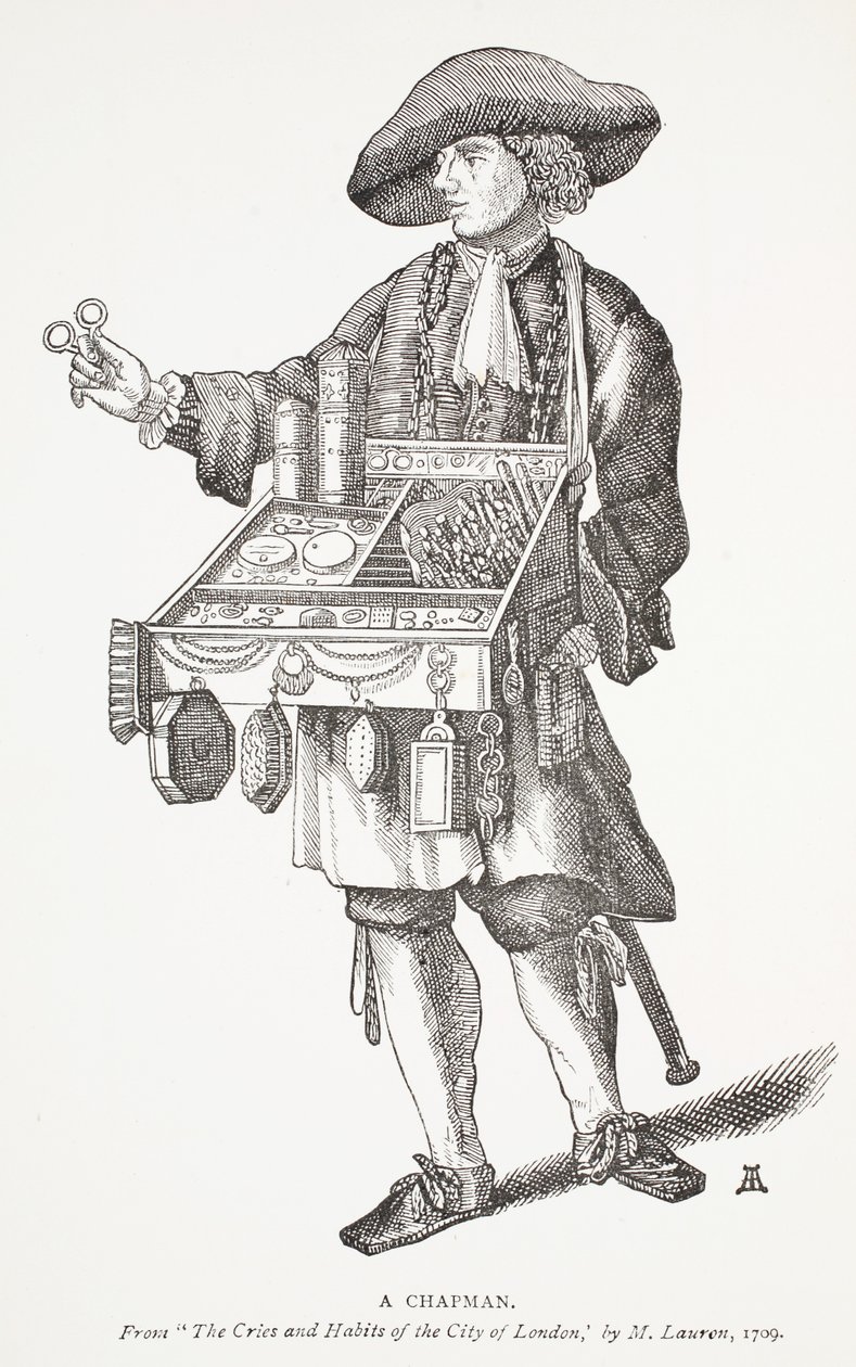 A Chapman, från The Cries and Habits of the City of London av M. Lauren, 1709, frontispiceillustration från Chap-books of the artonde århundradet av John Ashton, pub. 1882 av English School
