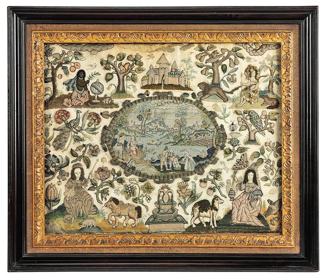 En Karl II handarbetsbild av Afrika och den nya världen, c.1660-70 av English School
