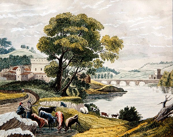 Ett Claudianskt landskap, ca 1825 (akvarell på papper) av English School