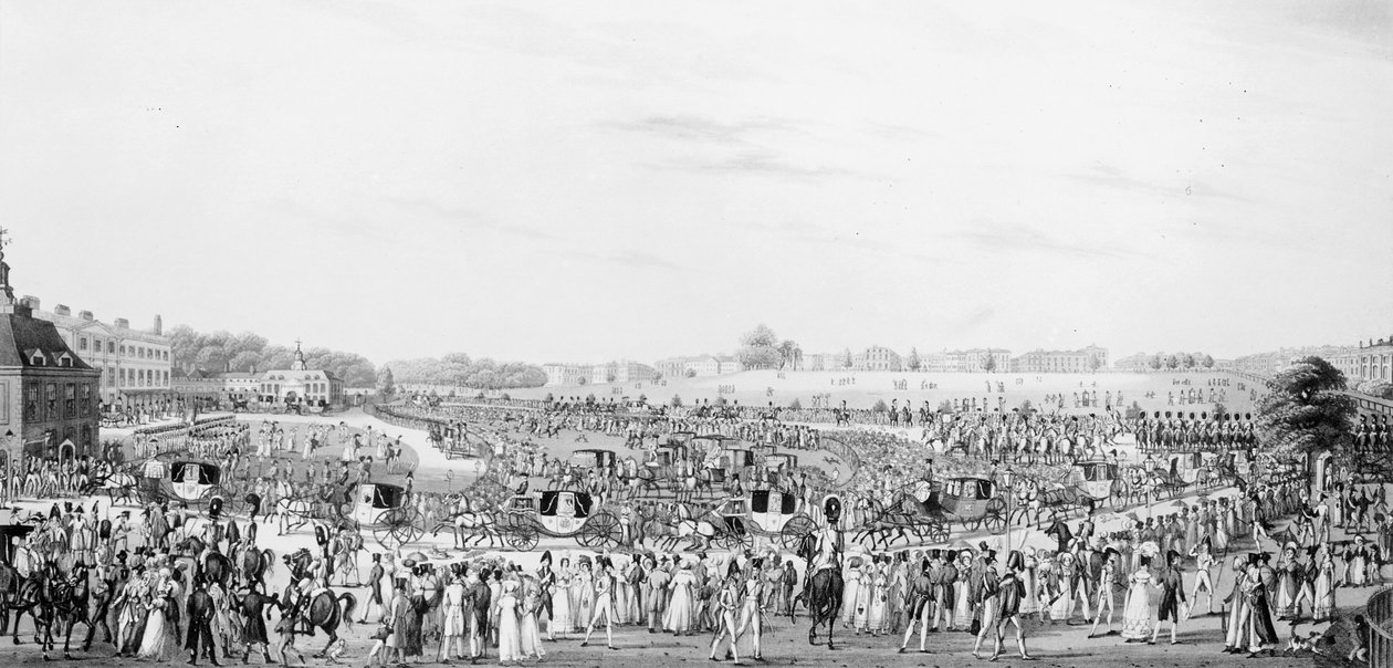 En korrekt representation av företaget som går till och återvänder från hans majestäts sal vid Buckingham Palace, publicerad av G, Humphrey, 25 maj 1822 av English School