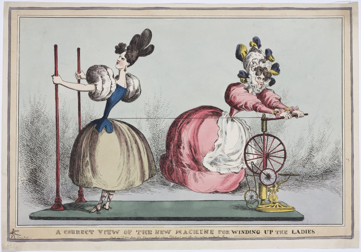 A Correct View of the New Machine for Winding Up the Ladies, publicerad av Thomas McLean, ca 1830 (färgad etsning) av English School