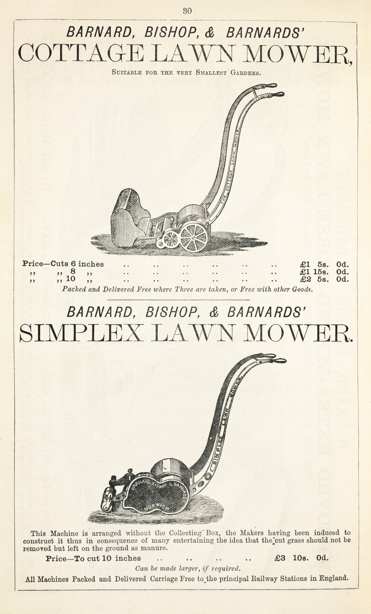 A Cottage and Simplex gräsklippare, illustration från en trädgårdskatalog, publicerad av Barnard Bishop & Barnard, 1878 av English School