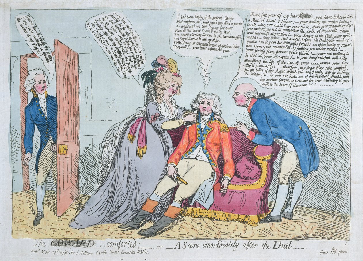 En feg tröstad, eller En scen omedelbart efter duellen, utgiven av J. Aitken 1789 (handfärgad etsning) av English School