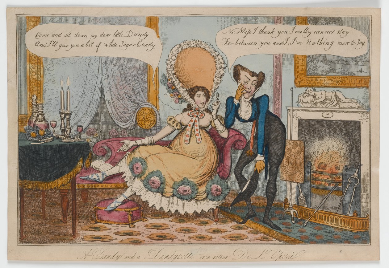 A Dandy and a Dandyzette or a retour De Lopera, c.1820 (handfärgad gravyr) av English School
