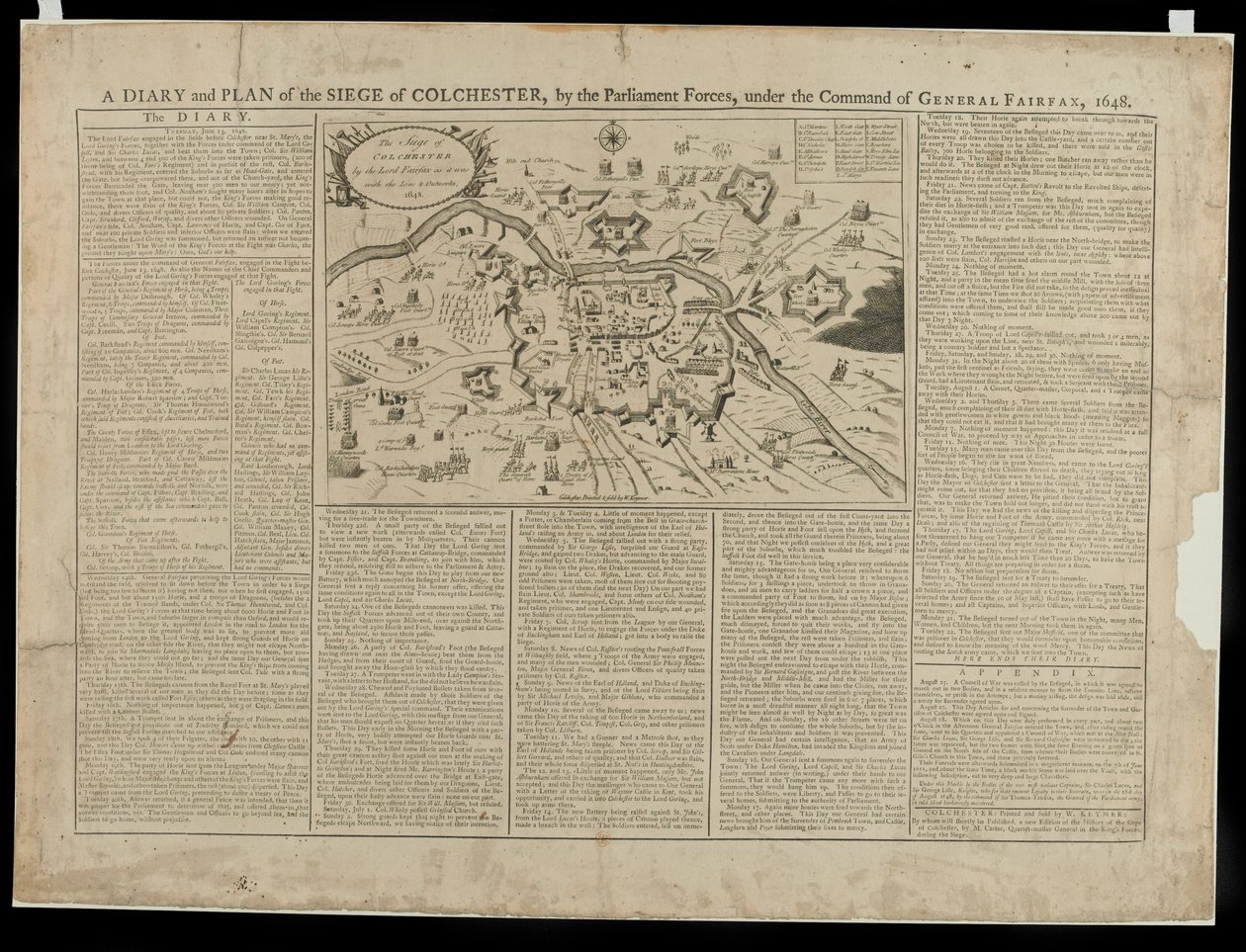 A Diary and Pictorial Plan of the Siege of Colchester 1648, tryckt och sålt av W. Keymer, 1648 av English School