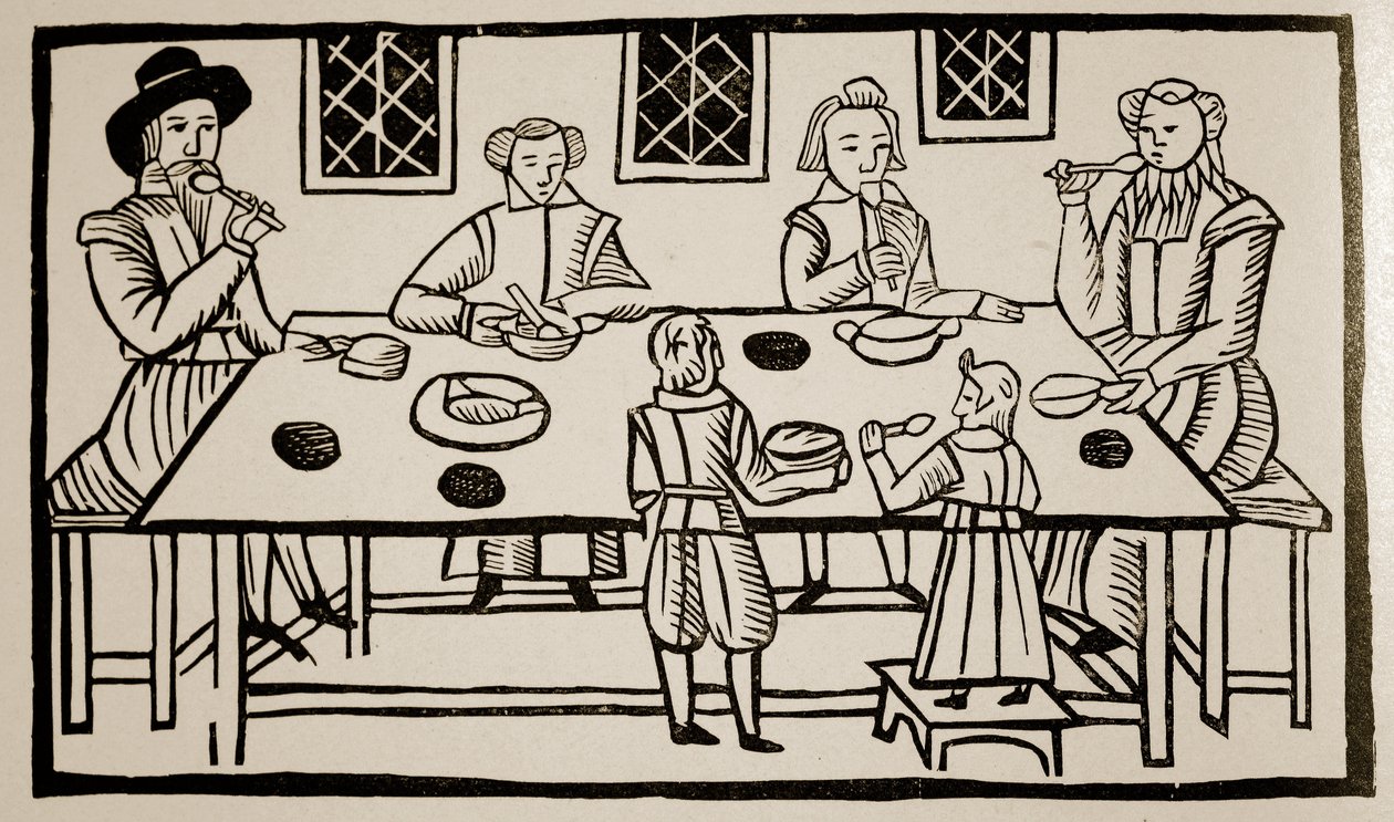 En familjemåltid, ca 1600 (sepiafoto) av English School
