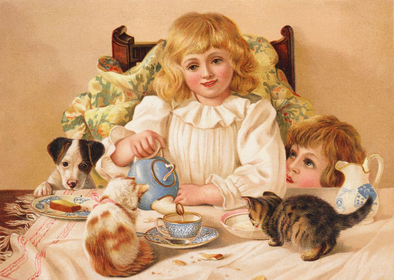 Familjens tebjudning (chromolitho) av English School