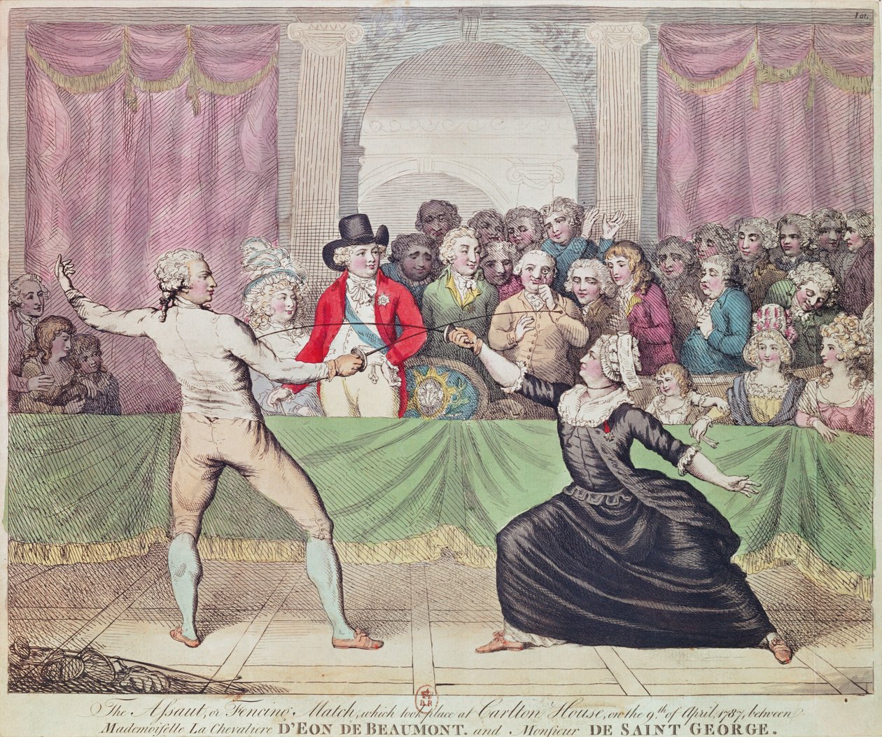 En fäktduell i Carlton House i närvaro av prinsregenten mellan Chevalier d"Eon, klädd som en kvinna och Monsieur de Saint-Georges, 1787 av English School