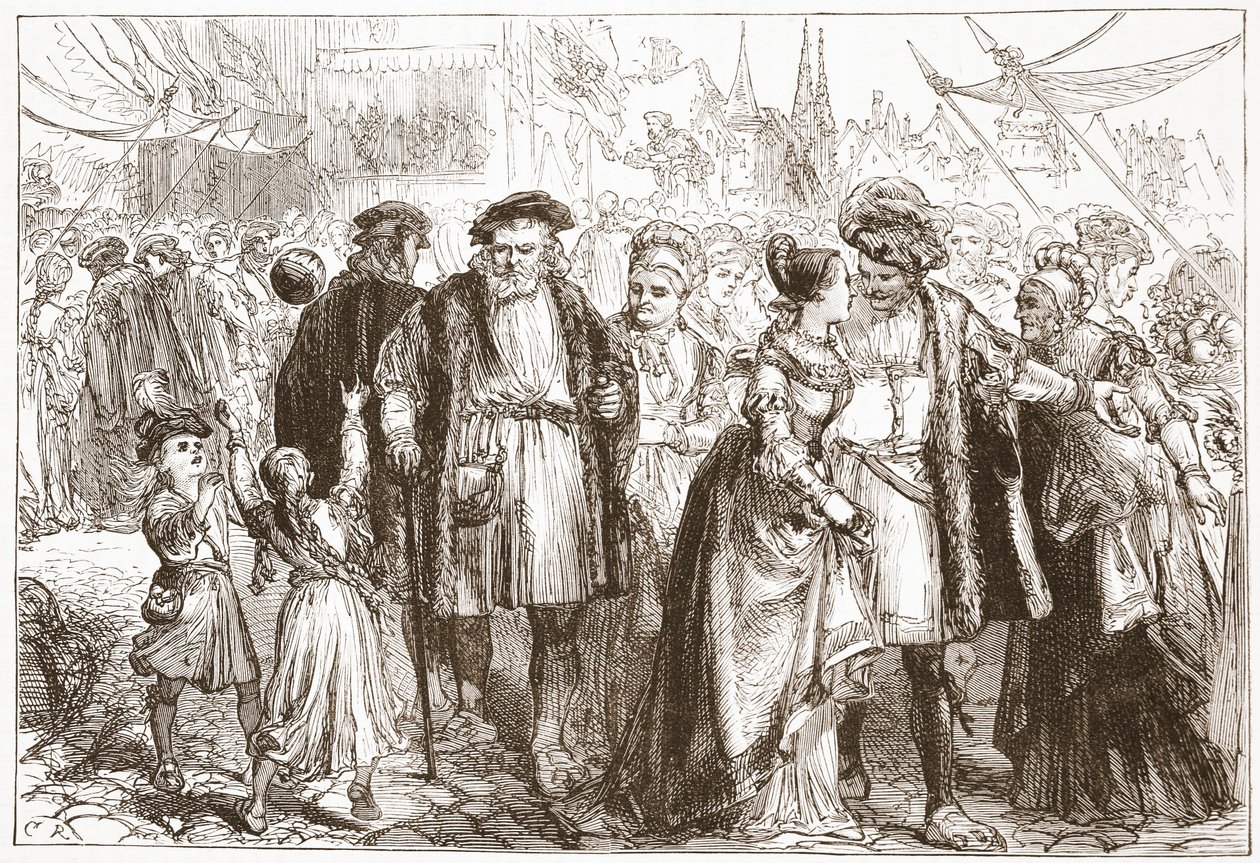 En galadag i Nürnberg: Time, sextonde århundradet, illustration från The History of Protestantism av James Aitken Wylie (1808-1890), pub. 1878 av English School