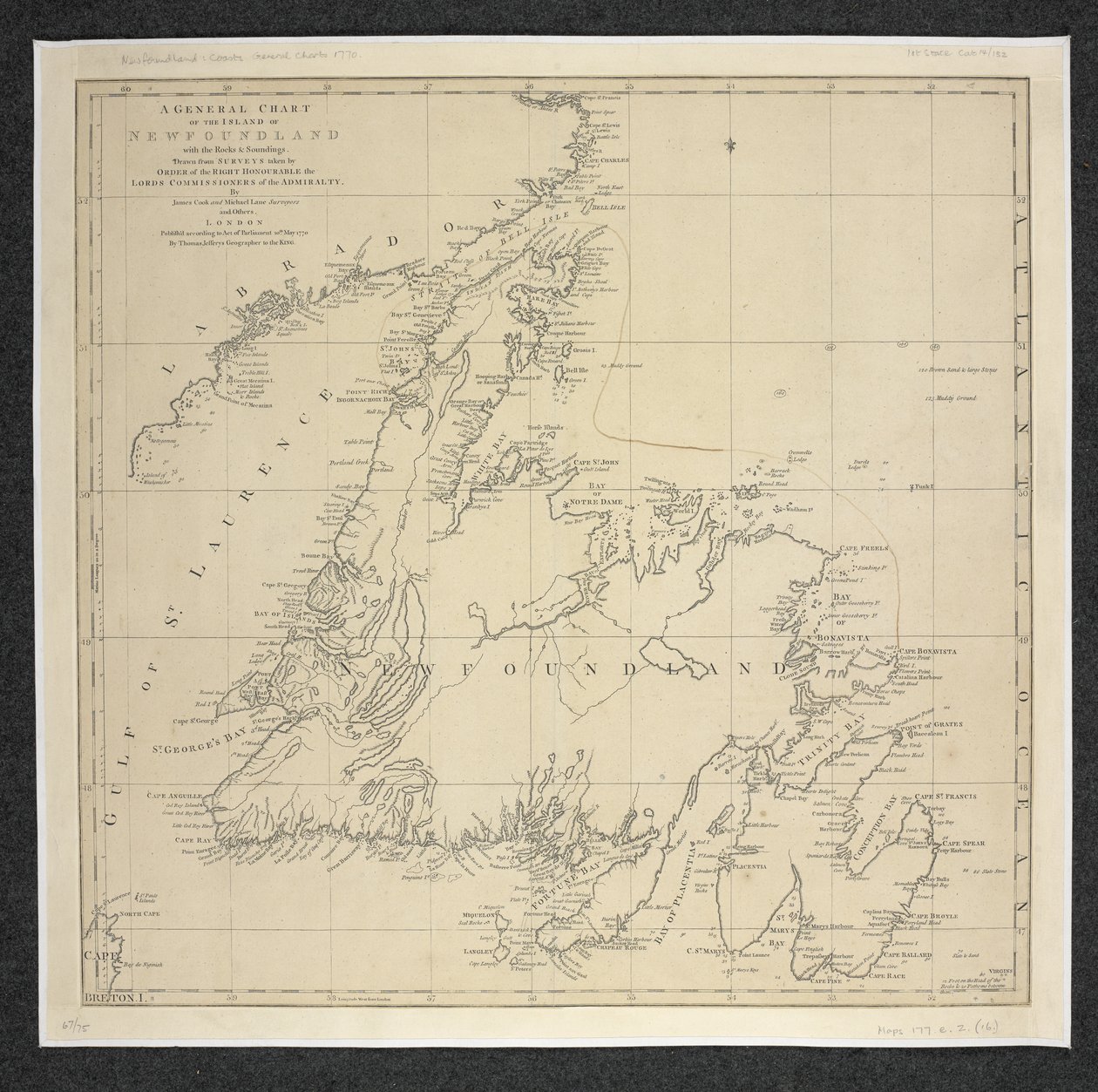 Ett allmänt diagram över ön Newfoundland med klippor och sonderingar, ritat från undersökningar tagna ... Av James Cook och Michael Lane av English School