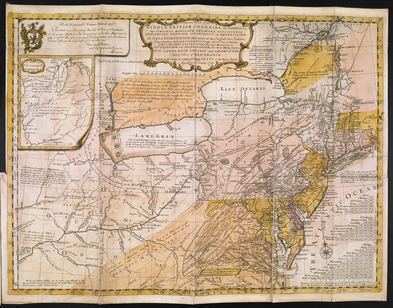 En allmän karta över de mellersta brittiska kolonierna i Amerika; nämligen. Virginia, Mariland, Delaware, Pensilvania, New-Jersey, New-York, Connecticut och Rhode Island: av Aquanishuonîgy, de konfedererade indianernas land. . . Av sjöarna Erie, Ontario oc av English School