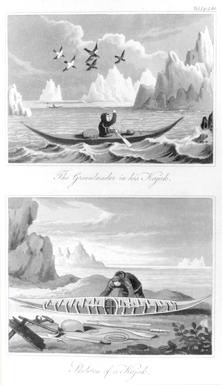 En grönländare och hans kajak, från History of Greenland av David Crantz, 1820 av English School