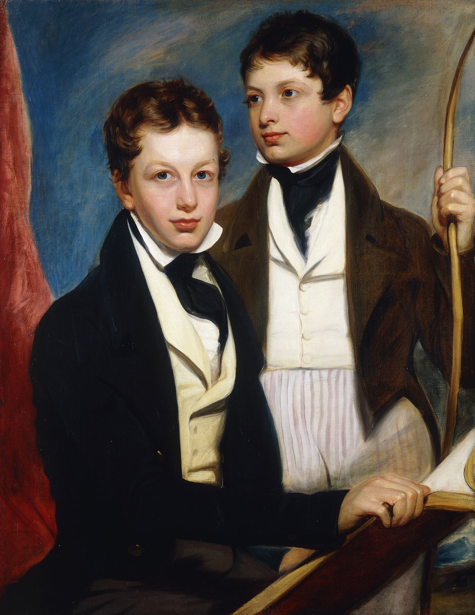 Ett gruppporträtt av Musgrave Morris Boys, en sittande halvlängd i en mörk jacka, håller en bok, den andra stående tre fjärdedels längd i en mörk jacka, håller en båge, ca 1830 av English School