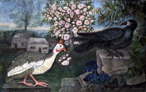 A Guinea Fowl and a Rook in a Landscape, c.1800 (akvarell, gouache på papper) av English School