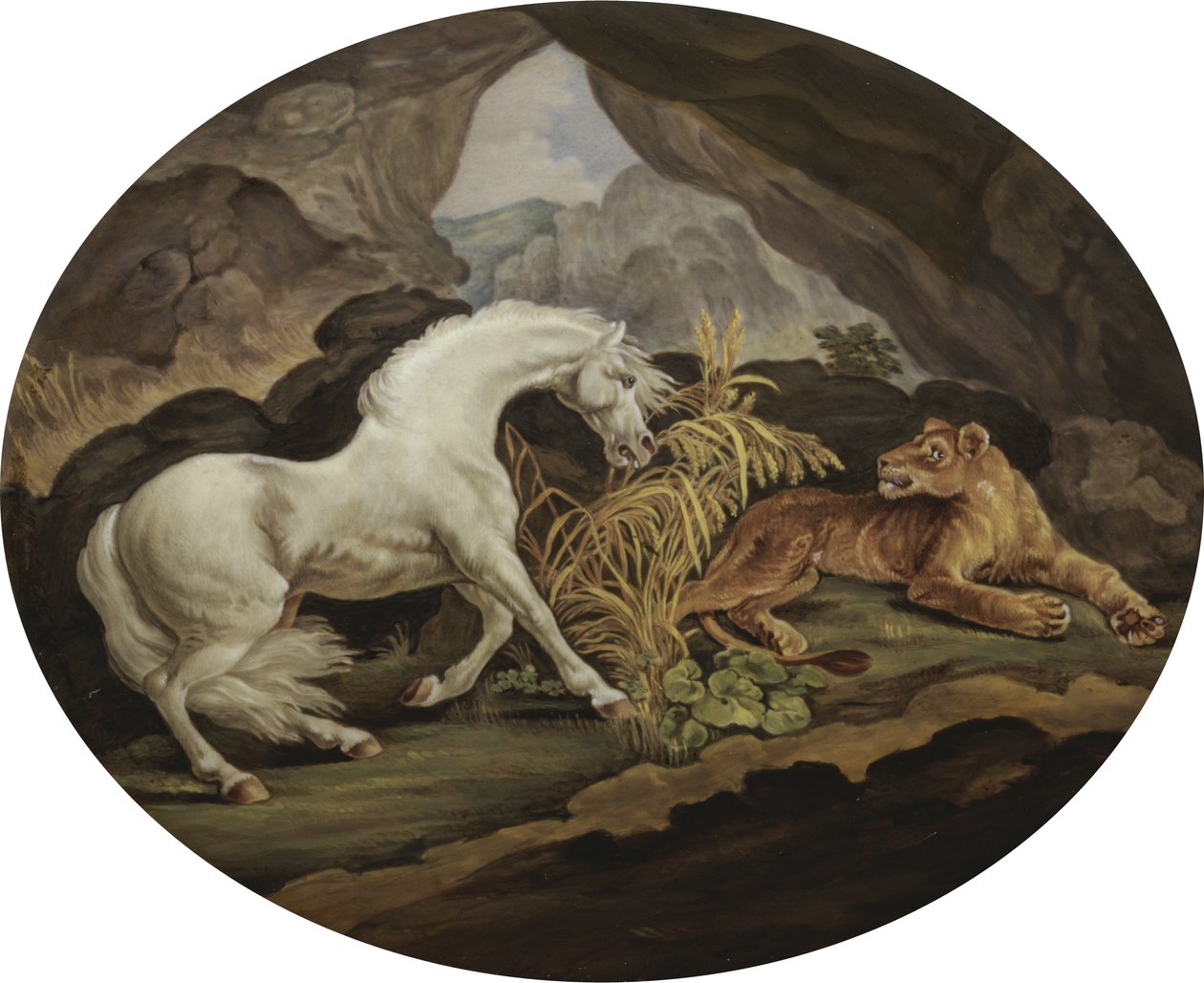 En häst skrämd av en lejoninna efter George Stubbs (1724-1806) (emaljplakett) av English School
