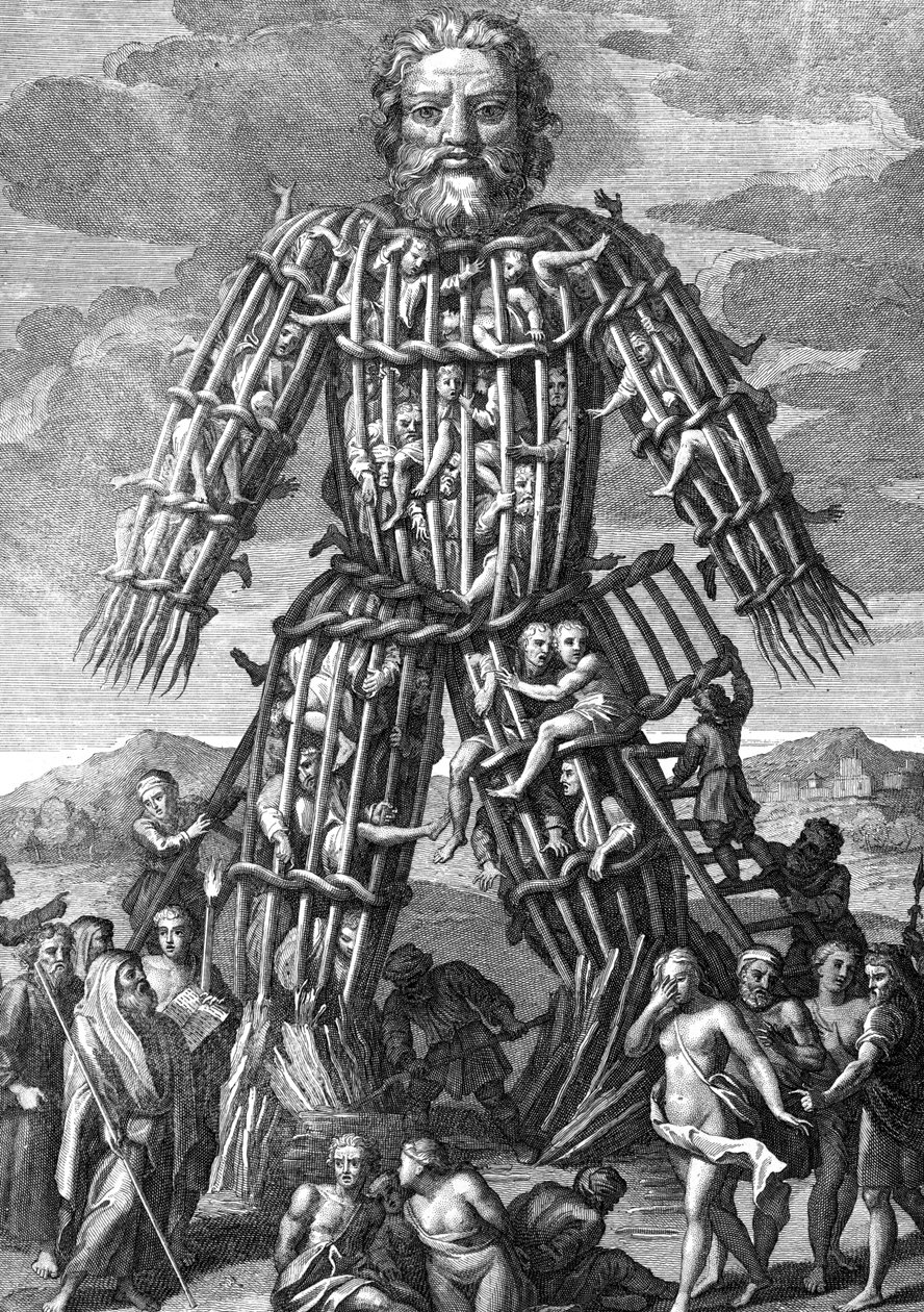 En enorm koloss gjord av Osier-kvistar, där män brändes levande till gudarnas ära, graverad av Cornelis Huyberts, illustration till Caesars Commentaries översatt till engelska av William Duncan, av English School