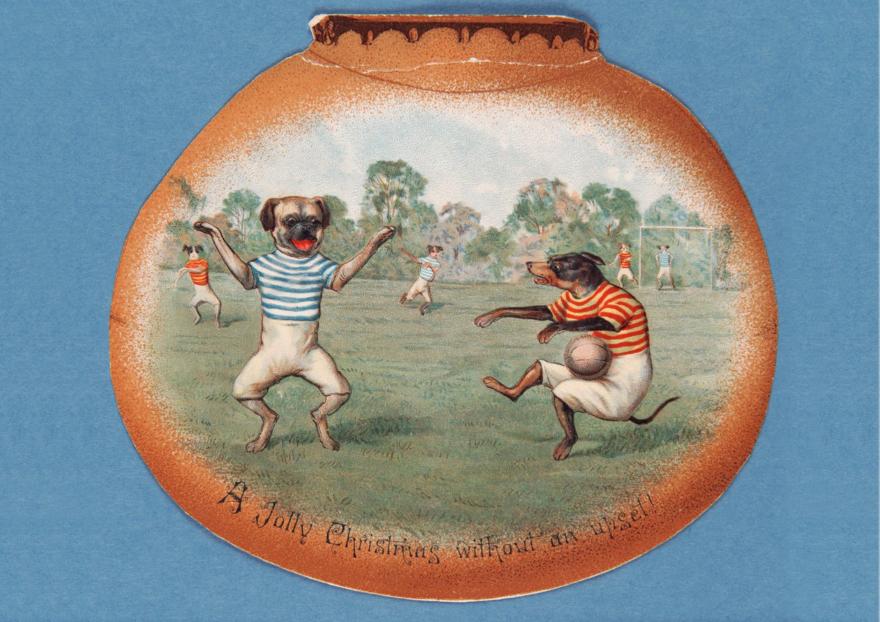 A Jolly Christmas Without an Upset!, Julkort som visar en fotbollsmatch mellan hundar, ca 1890-talet av English School