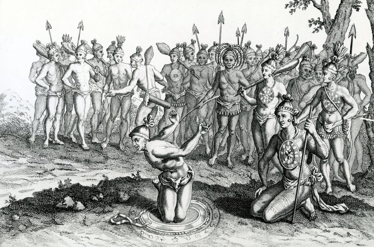 En kung av Florida som konsulterade sin trollkarl innan han gick till Battle, illustration hämtad från Moores Voyages and Travels, 1778 av English School