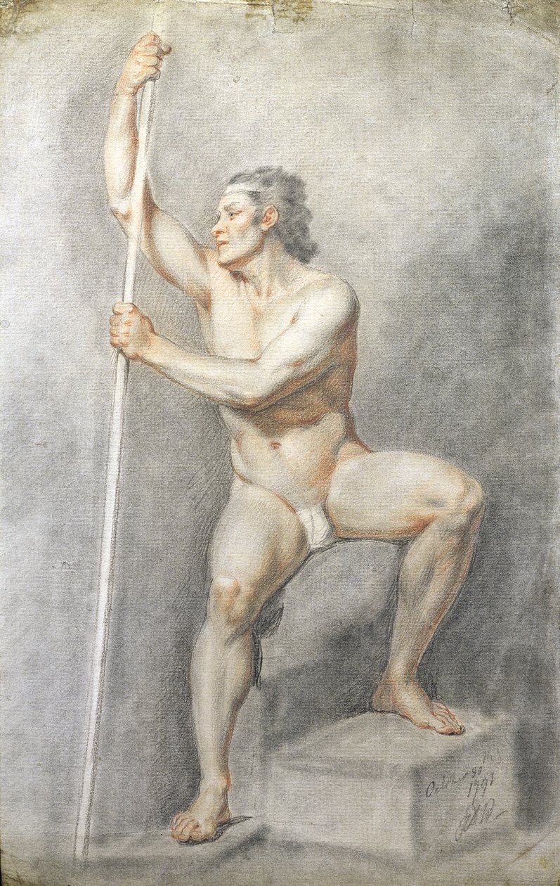 En naken man som håller en stav, ca 1770 (färgade kritor på papper) av English School