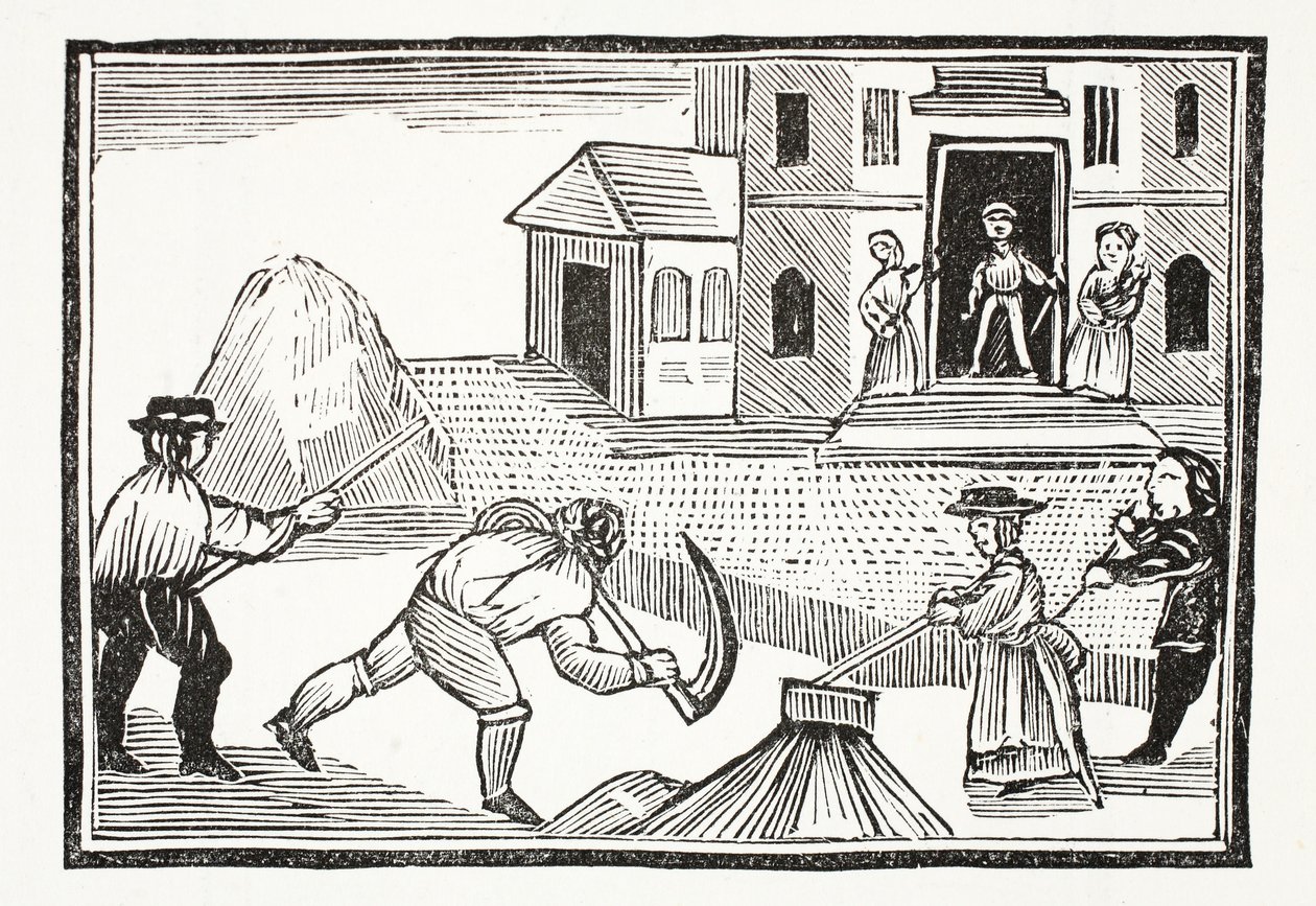 En man som klipper gräs med en lie, som tog allt före det, illustration från Chap-books of the Eighteenth Century av John Ashton, pub. 1882 av English School
