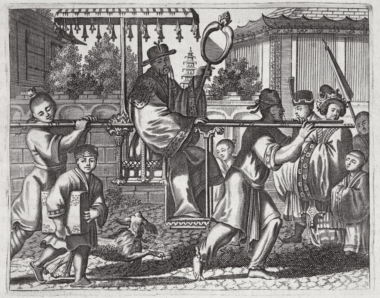 A Mandarin in a Sedan Chair, illustration från en beskrivning av ambassader till Kina, 1690 av English School