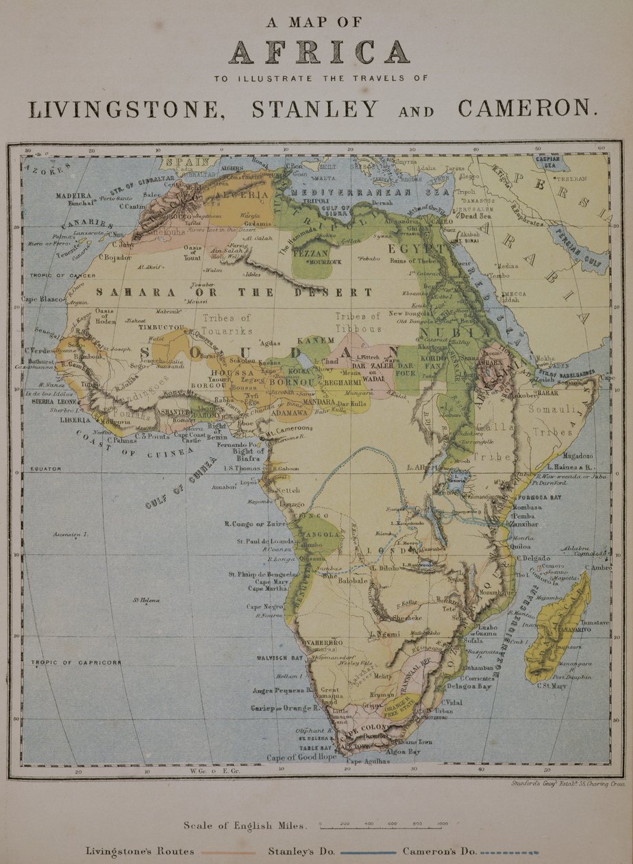 En karta över Afrika för att illustrera David Livingstones (1813-73), Henry Morton Stanleys (1841-1904) och Verney Lovett Camerons (1844-94) resor. av English School