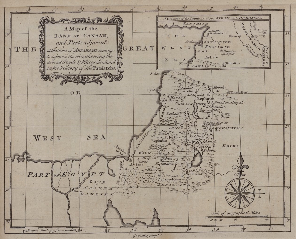 En karta över Kanaans land och angränsande delar, vid tiden för Abrahams ankomst för att vistas i landet, som visar de olika människor och platser som nämns i patriarkernas historia (gravyr) av English School