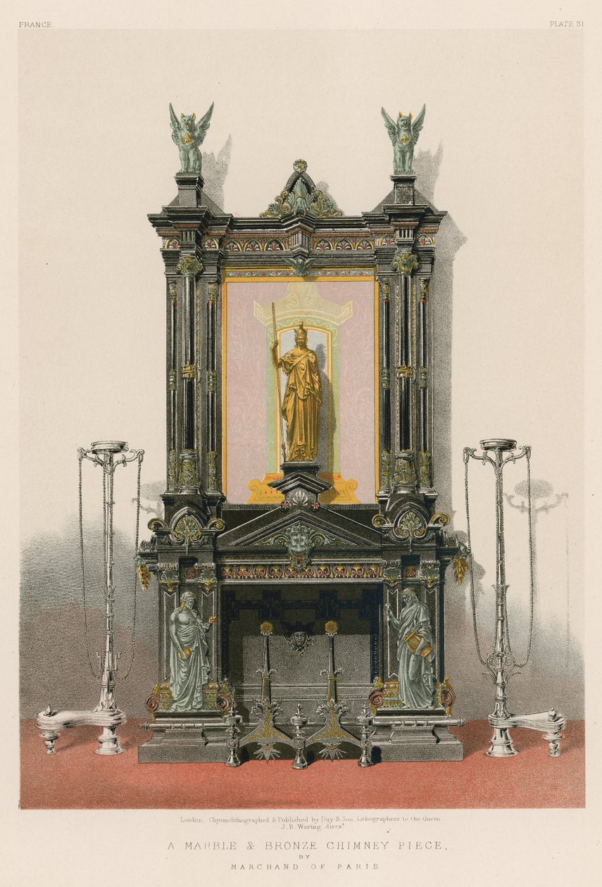 En skorstensbit i marmor och brons av Marchand från Paris (chromolitho) av English School