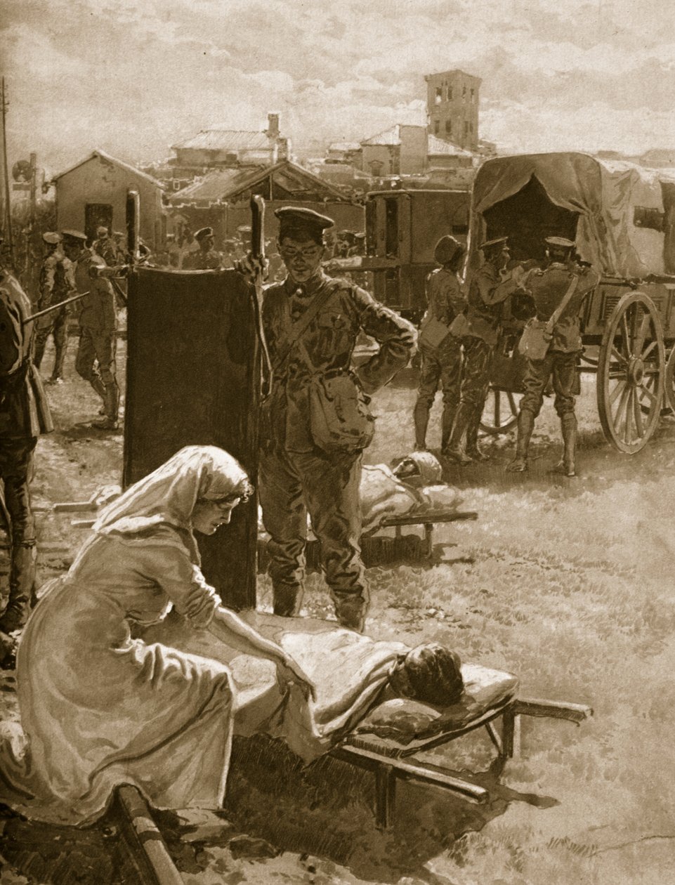 En medicinsk station som hanterar sårade soldater, 1914-19 av English School