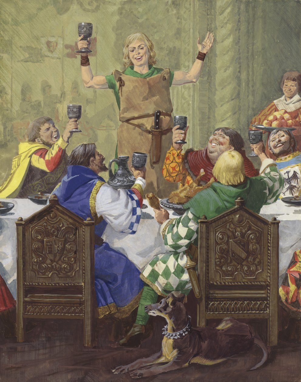 En medeltida festmåltid (gouache på papper) av English School