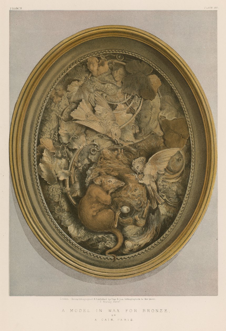 En modell i vax för brons av A Cain, Paris (chromolitho) av English School