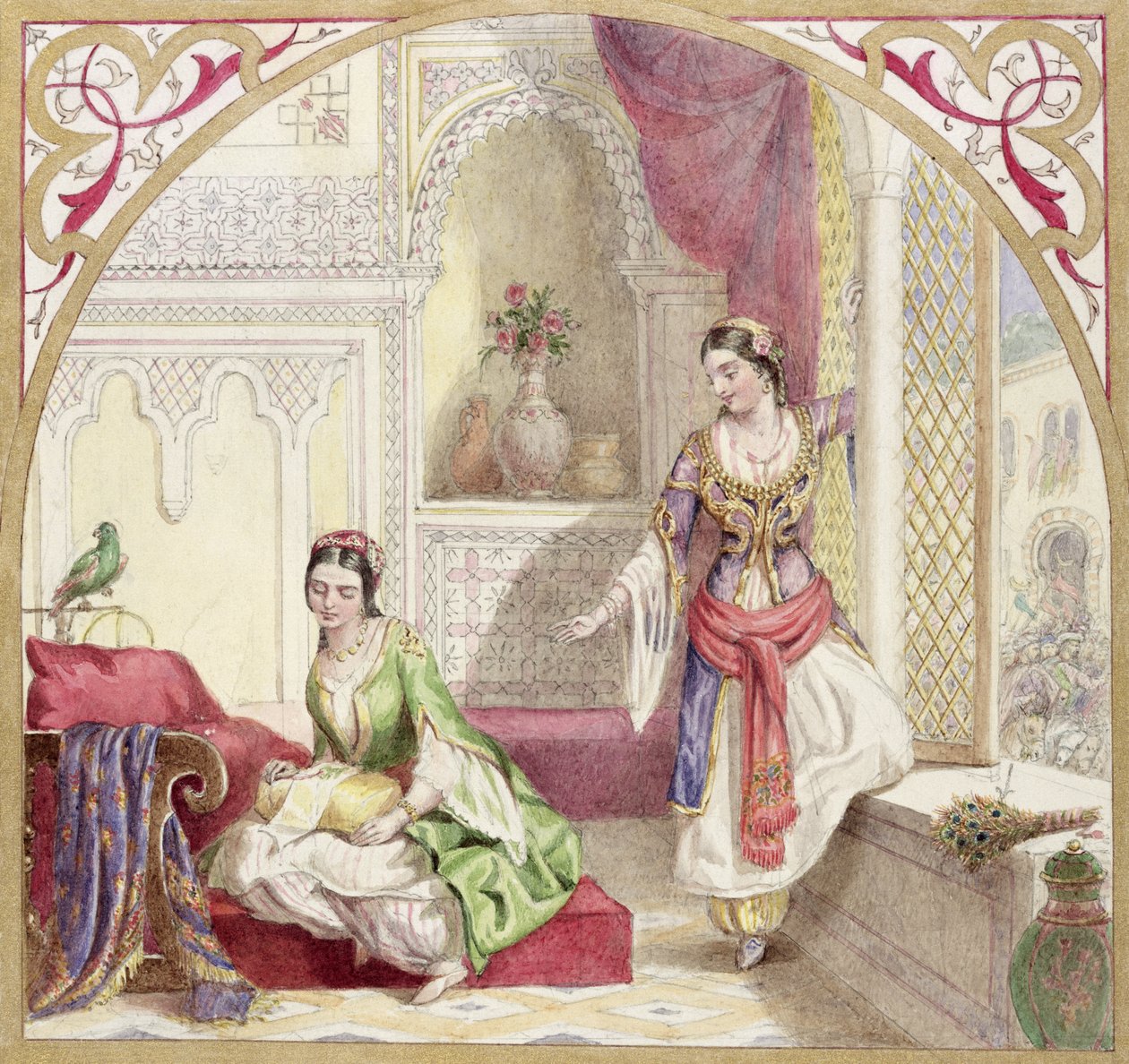 En morisk interiör med två kvinnor, ca 1840 (wc på papper) av English School