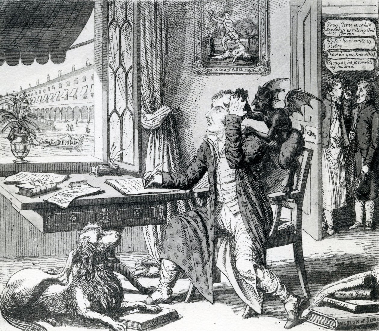 A Noble Poet - Scratching up his Ideas, utgiven av J. Johnston, 1823 av English School