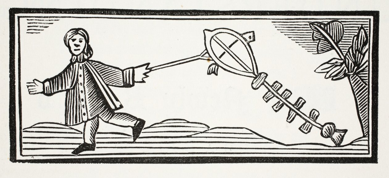 En pappersdrake som sätter upp den höga luften, illustration från Chap-books of the artonde århundradet av John Ashton, pub. 1882 av English School