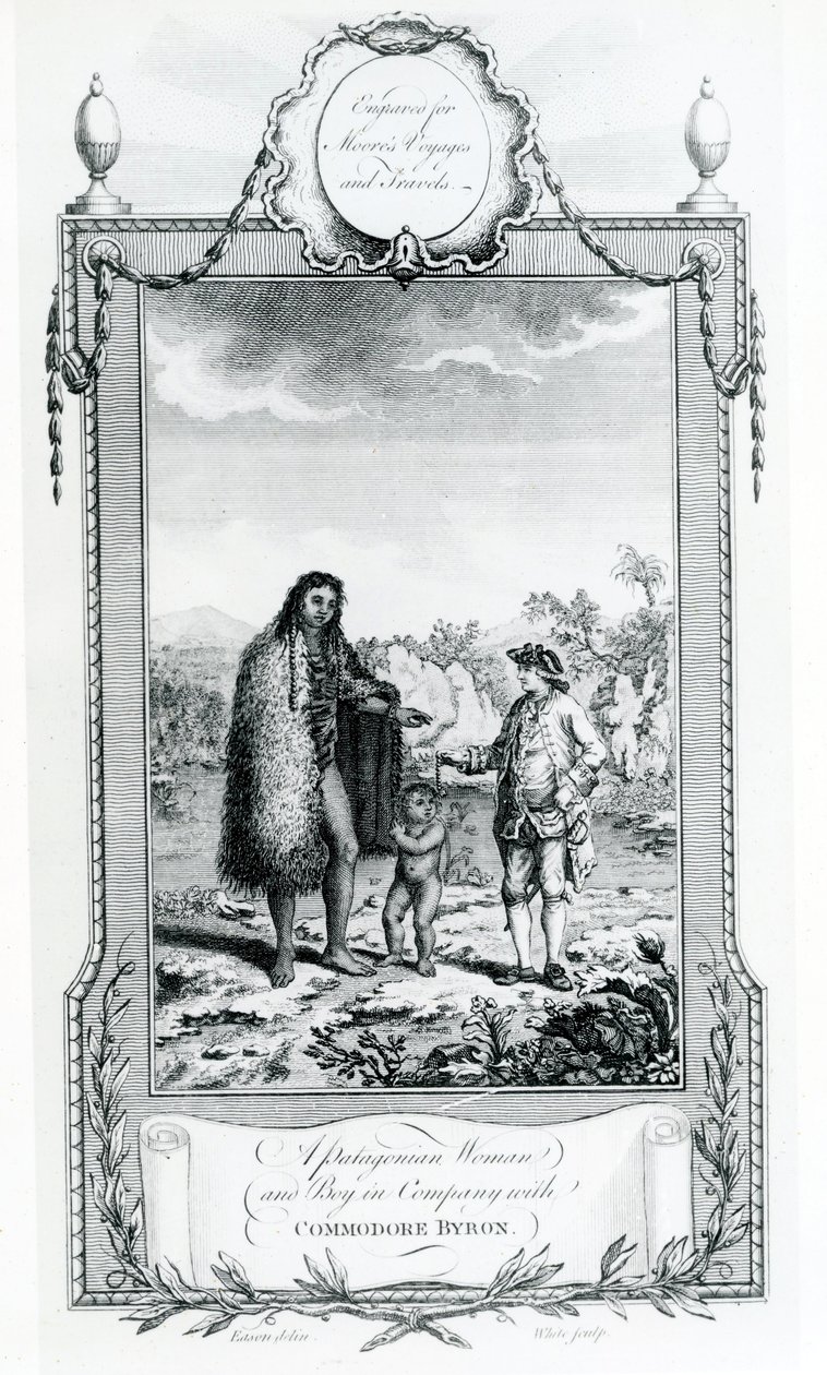 En patagonisk kvinna och pojke i sällskap med Commodore Byron, illustration hämtad från Moores Voyages and Travels, 1778 av English School