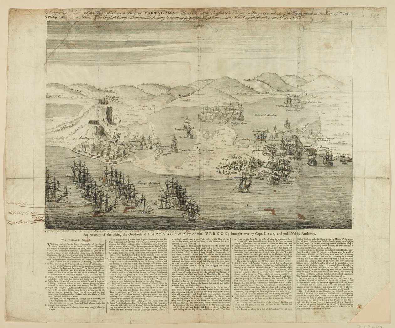 A Perspective Draft of Town, Harbour and Forts of Carthagena 1739, publicerad 1741 (linjegravyr) av English School