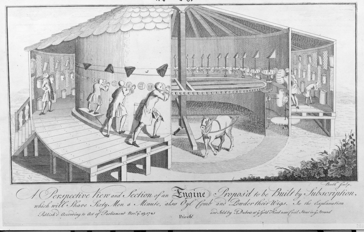 En perspektivvy och sektion av en motor som föreslås byggas genom prenumeration som kommer att raka sextio män i minuten, även Oyl kamma och pudra sina peruker, publicerad av J. Dubois, 1745 av English School