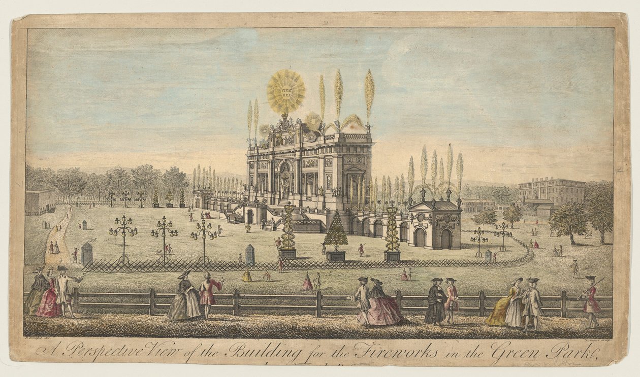 En perspektivvy av byggnaden för fyrverkerierna i Green Park, London av English School