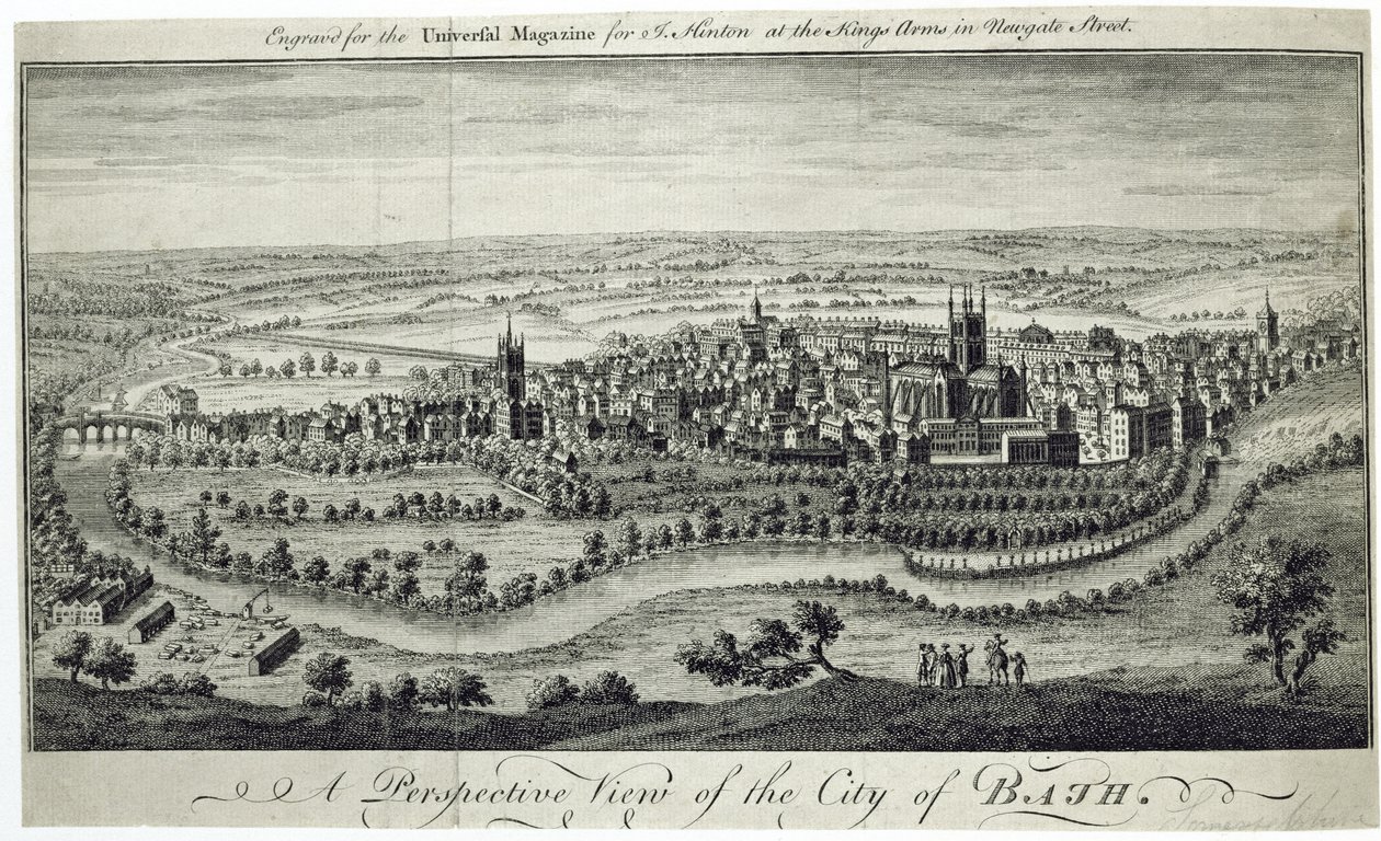 En perspektivvy av staden Bath, graverad för Universal Magazine, c.1750 av English School