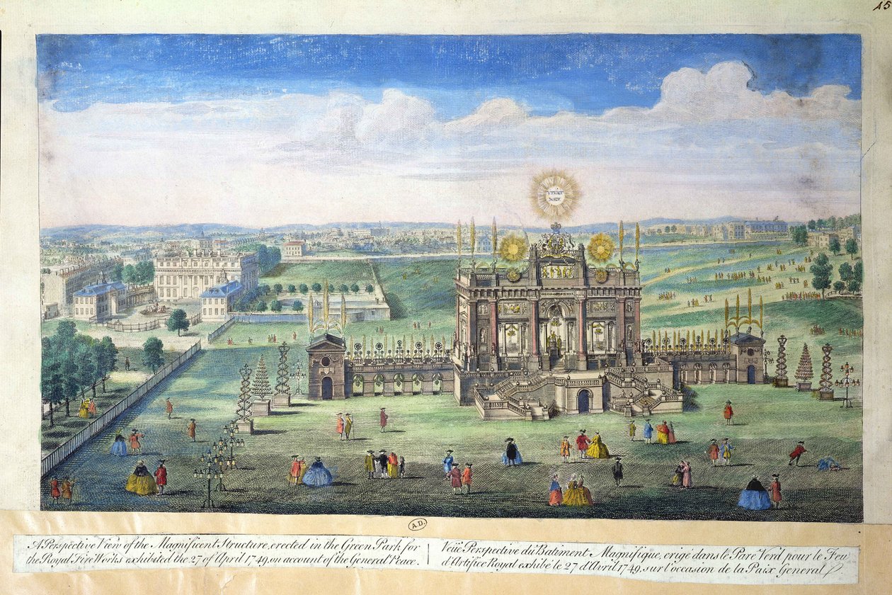 En perspektivvy av den magnifika strukturen uppförd i Green Park för Royal Fireworks, 1749 av English School