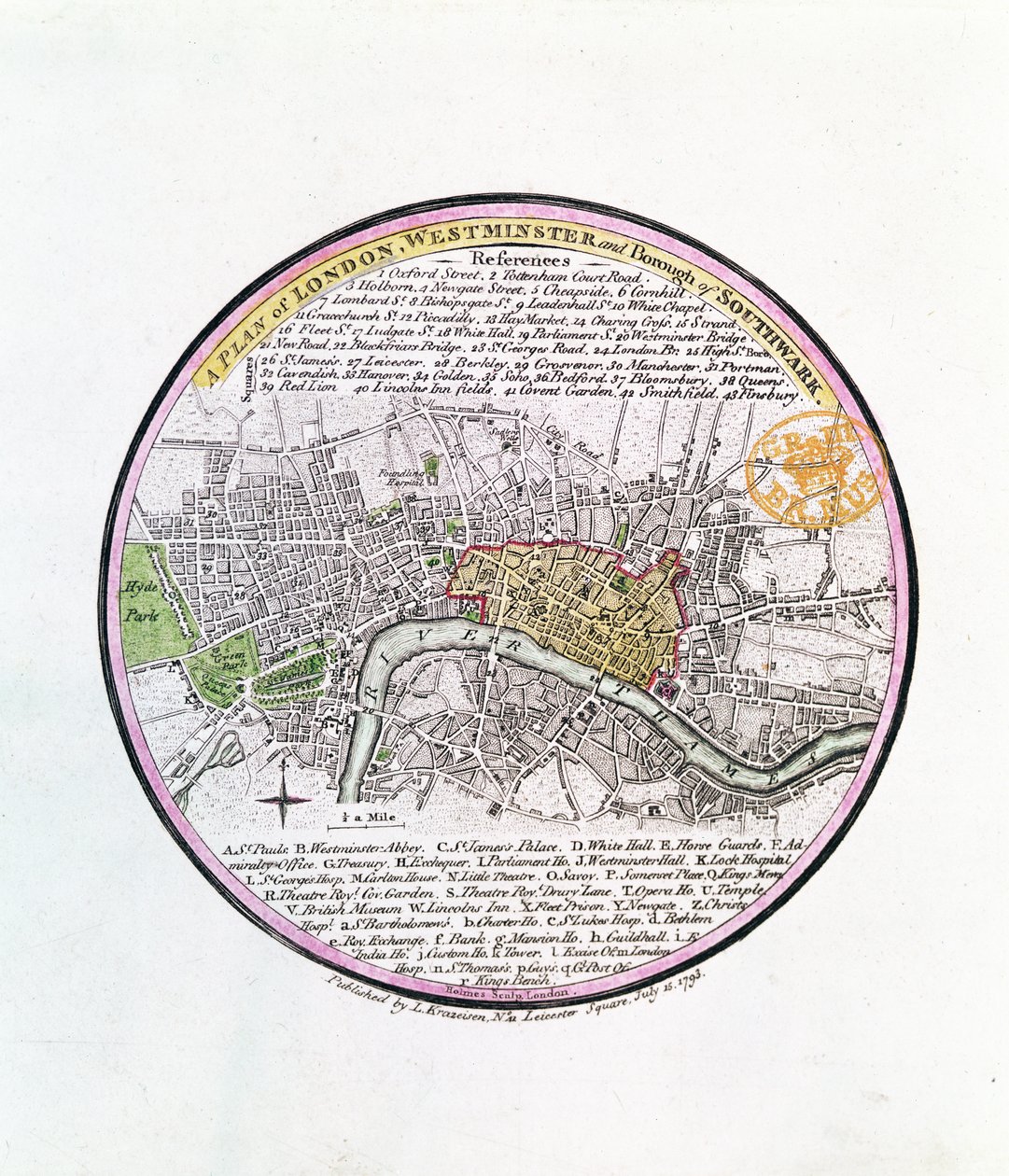 A Plan of London, Westminster och Borough of Southwark, 1793 (handfärgad gravyr) av English School