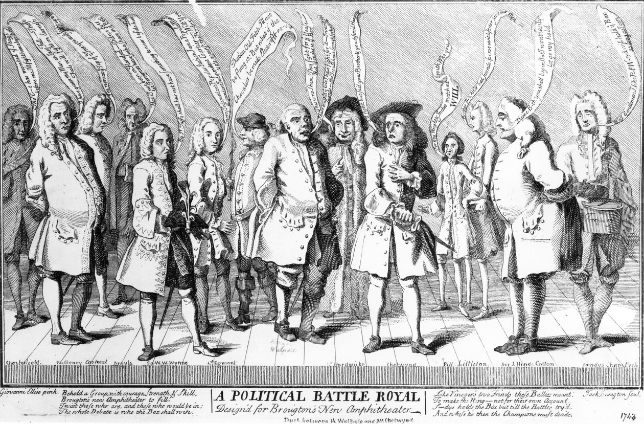 En politisk Battle Royale designar för Broughtons nya amfiteater, c.1743 av English School