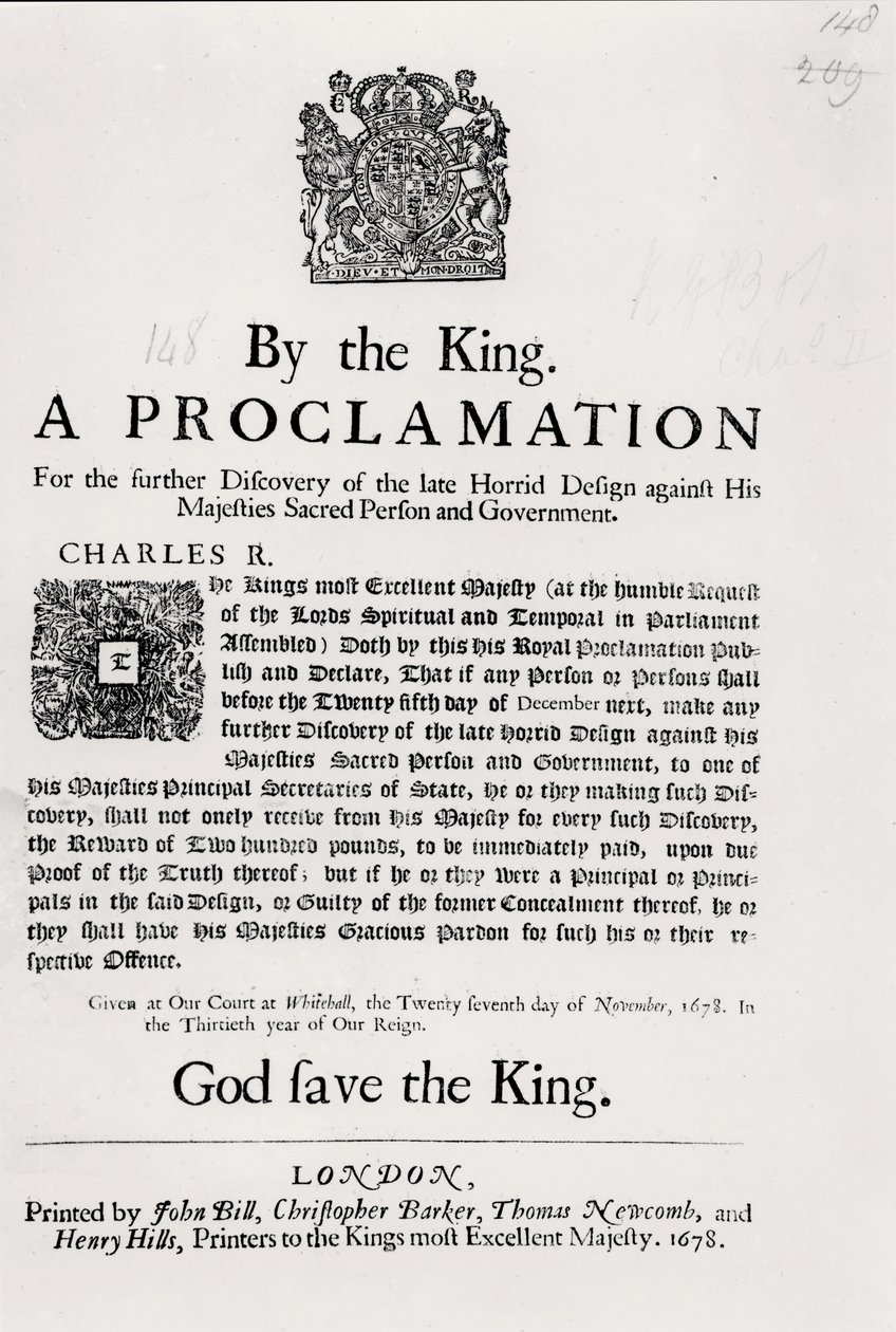 En kungörelse av kungen, för ytterligare upptäckt av den sena fasansfulla planeringen mot Hans Majestät, helig person och regering, 27 november 1678 av English School